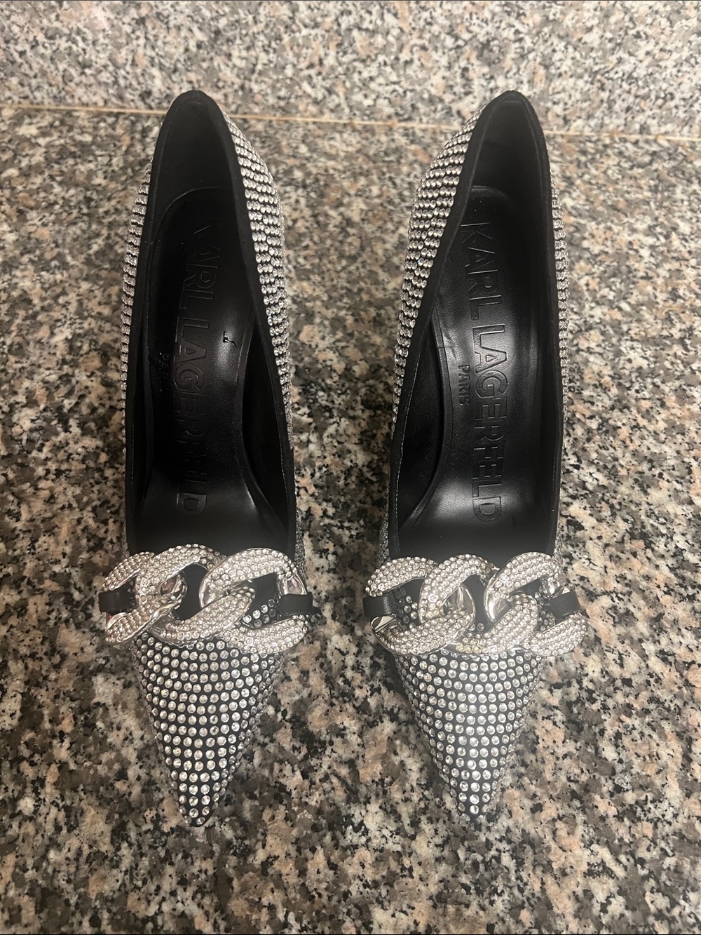 Karl Lagerfeld Silver Rhinestone Pointed-Toe Chain Pumps